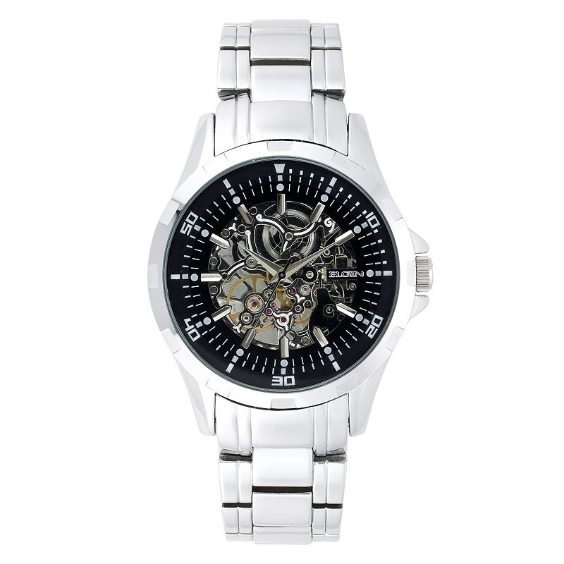 UPC 049353740263 product image for Elgin Men's Silver-Tone Skeleton Dial Watch - FG8030KL, Size: Large, Black | upcitemdb.com