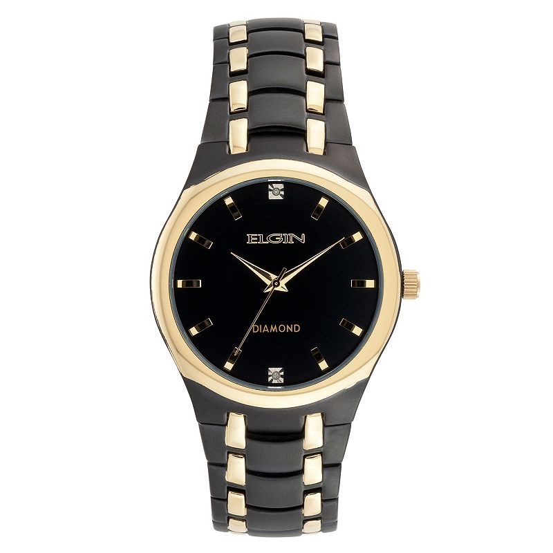 Elgin Men's Black and Gold-Tone Diamond Accent Watch - FG8021KL, Size: Large