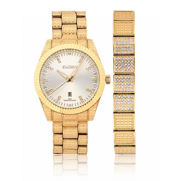 Elgin Men s Gold Tone Crystal Accent Watch and Matching Bracelet