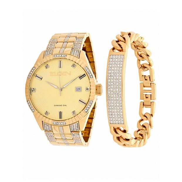 Elgin Men s Gold Tone Crystal Accent Watch and Bracelet Set