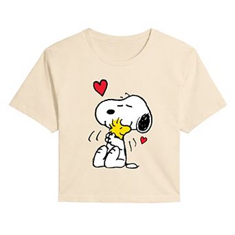 Juniors' Peanuts Snoopy and Woodstock Heart Cropped Tee