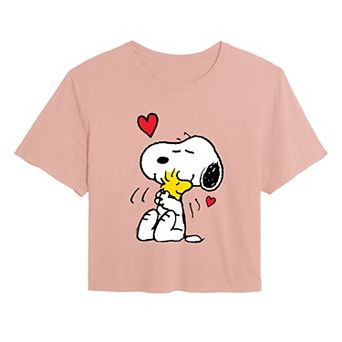 Juniors' Peanuts Snoopy and Woodstock Heart Cropped Tee