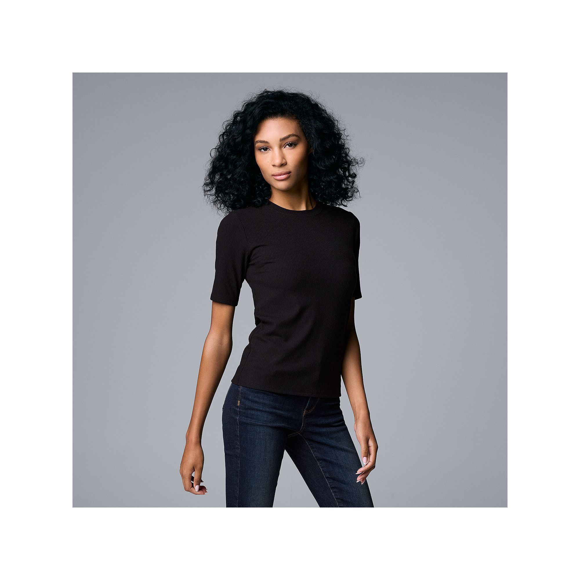 Womens Simply Vera Vera Wang Ribbed Fitted Elbow Sleeve Tee, Size: XS, Bla
