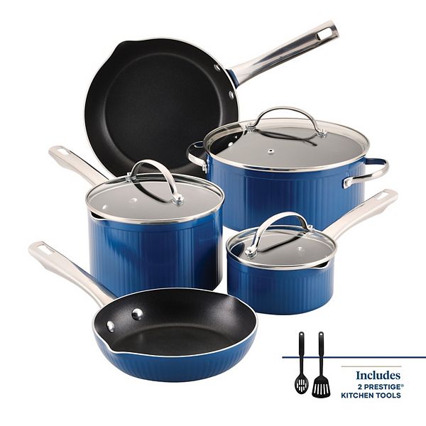 Farberware Style 10pc Nonstick Cookware Pots and pans Set - Blue: Dishwasher-Safe, Tempered Glass Lids, Stainless Steel Handles