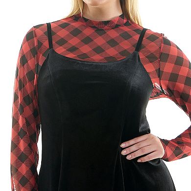 Juniors' Plus Size Lily Rose 2-Piece Velvet Skater Dress and Mesh Shirt Set