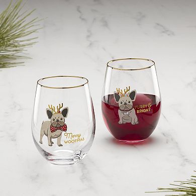 Cambridge Holiday Frenchie Dog 2-pc. Wine Glasses Set