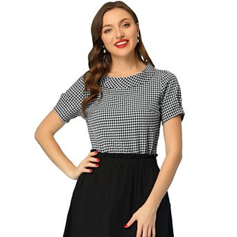 Women's 1950s Round Collar Short Sleeve Checked Tops