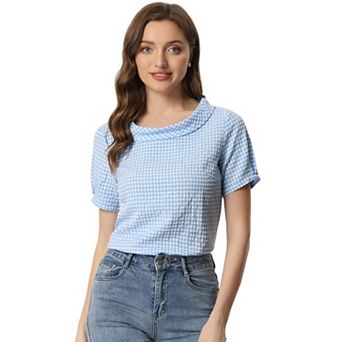 Women's 1950s Round Collar Short Sleeve Checked Tops