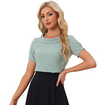 Women's 1950s Round Collar Short Sleeve Checked Tops