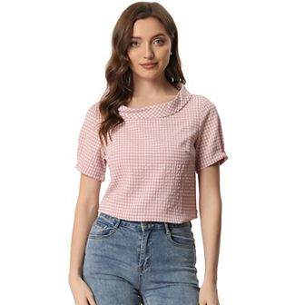 Women's 1950s Round Collar Short Sleeve Checked Tops