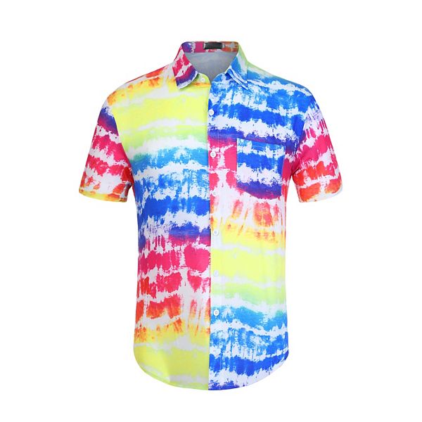 Mens Tie Dye Color Block Button Down Short Sleeve Striped Shirts 