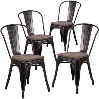 Emma and Oliver 4 Pack Metal Stackable Chair with Wood Seat