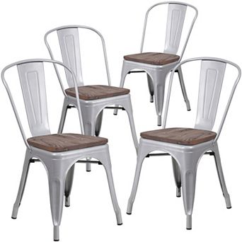 Emma and Oliver 4 Pack Metal Stackable Chair with Wood Seat