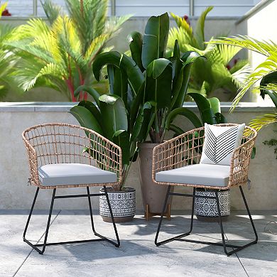 Emma and Oliver Ari Set of Two All-Weather Faux Rattan Rope Chairs with Padded Cushions for Indoor and Outdoor Use