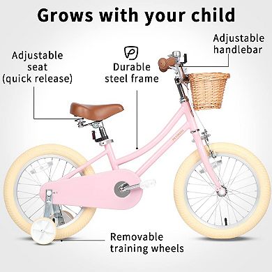 Petimini 18 Inch Child Bicycle with Basket, Bell, and Training Wheels, Pink