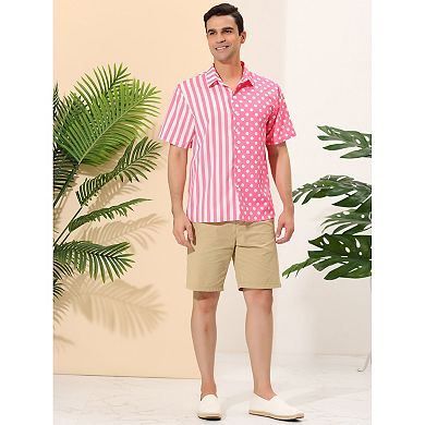Men's Summer Stripe Polka Dots Short Sleeves Button Patchwork Shirt
