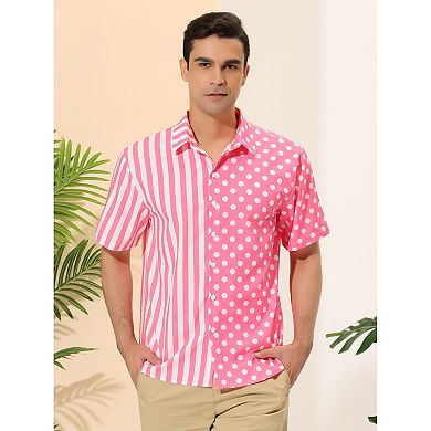 Men's Summer Stripe Polka Dots Short Sleeves Button Patchwork Shirt