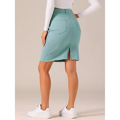 Women's Distressed High Waist Ripped Hem Knee Length Denim Skirt