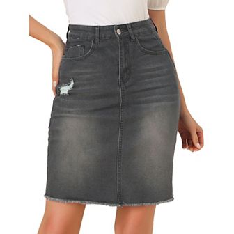 Women's Distressed High Waist Ripped Hem Knee Length Denim Skirt