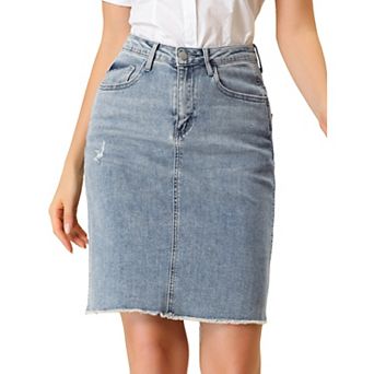 Women's Distressed High Waist Ripped Hem Knee Length Denim Skirt