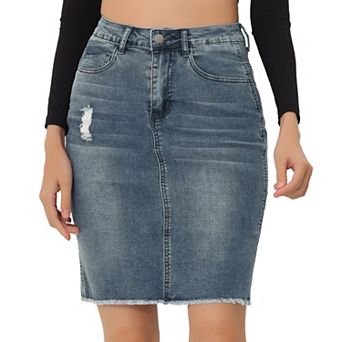 Women's Distressed High Waist Ripped Hem Knee Length Denim Skirt