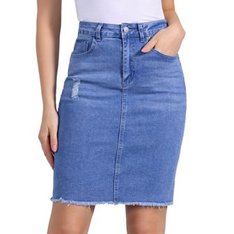 Women's Distressed High Waist Ripped Hem Knee Length Denim Skirt