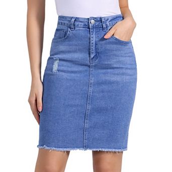 Women's Distressed High Waist Ripped Hem Knee Length Denim Skirt