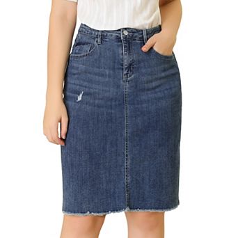 Women's Distressed High Waist Ripped Hem Knee Length Denim Skirt
