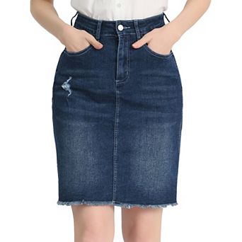 Women's Distressed High Waist Ripped Hem Knee Length Denim Skirt