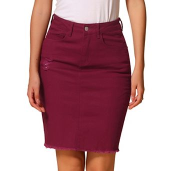 Women's Distressed High Waist Ripped Hem Knee Length Denim Skirt