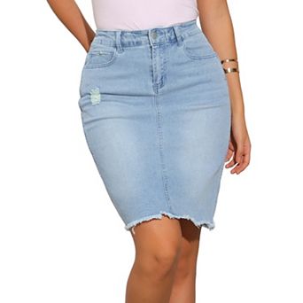 Women's Distressed High Waist Ripped Hem Knee Length Denim Skirt