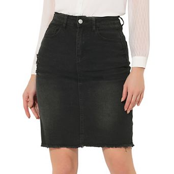 Women's Distressed High Waist Ripped Hem Knee Length Denim Skirt