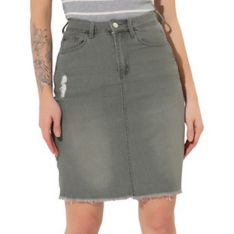 Women's Distressed High Waist Ripped Hem Knee Length Denim Skirt