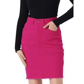 Women's Distressed High Waist Ripped Hem Knee Length Denim Skirt