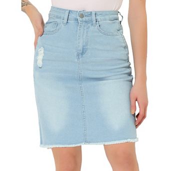 Women's Distressed High Waist Ripped Hem Knee Length Denim Skirt