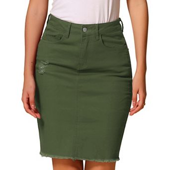 Women's Distressed High Waist Ripped Hem Knee Length Denim Skirt