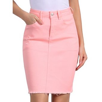 Women's Distressed High Waist Ripped Hem Knee Length Denim Skirt