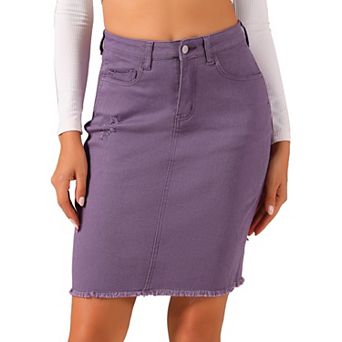 Women's Distressed High Waist Ripped Hem Knee Length Denim Skirt