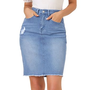 Women's Distressed High Waist Ripped Hem Knee Length Denim Skirt
