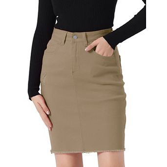 Women's Distressed High Waist Ripped Hem Knee Length Denim Skirt
