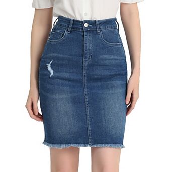 Women's Distressed High Waist Ripped Hem Knee Length Denim Skirt