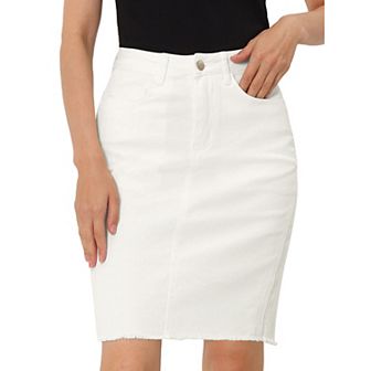 Women's Distressed High Waist Ripped Hem Knee Length Denim Skirt