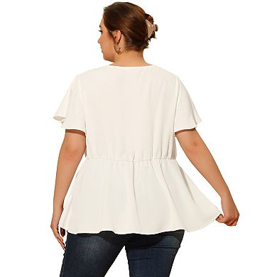 Plus Size Women V Neck Flare Sleeve Ruffle Peplum Wrap Blouse Top