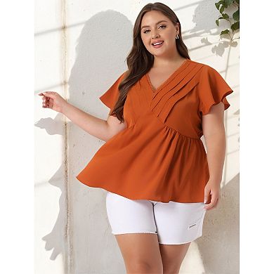 Plus Size Women V Neck Flare Sleeve Ruffle Peplum Wrap Blouse Top