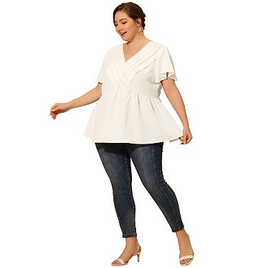 Plus Size Women V Neck Flare Sleeve Ruffle Peplum Wrap Blouse Top