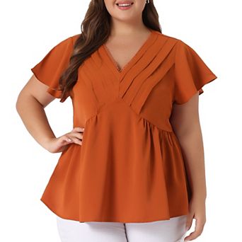Plus Size Women V Neck Flare Sleeve Ruffle Peplum Wrap Blouse Top