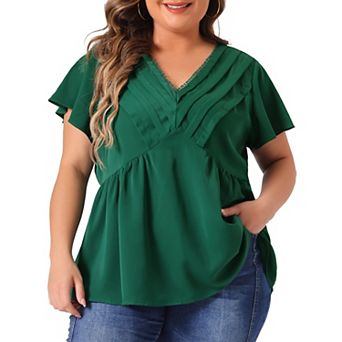 Plus Size Women V Neck Flare Sleeve Ruffle Peplum Wrap Blouse Top