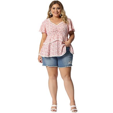 Plus Size Tiered Blouse for Women Floral Babydoll Sweetheart Ruffle Short Sleeve Top