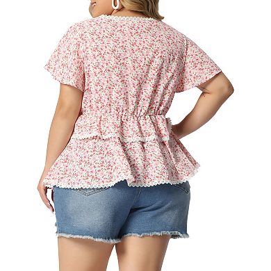 Plus Size Tiered Blouse for Women Floral Babydoll Sweetheart Ruffle Short Sleeve Top