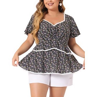 Plus Size Tiered Blouse for Women Floral Babydoll Sweetheart Ruffle Short Sleeve Top